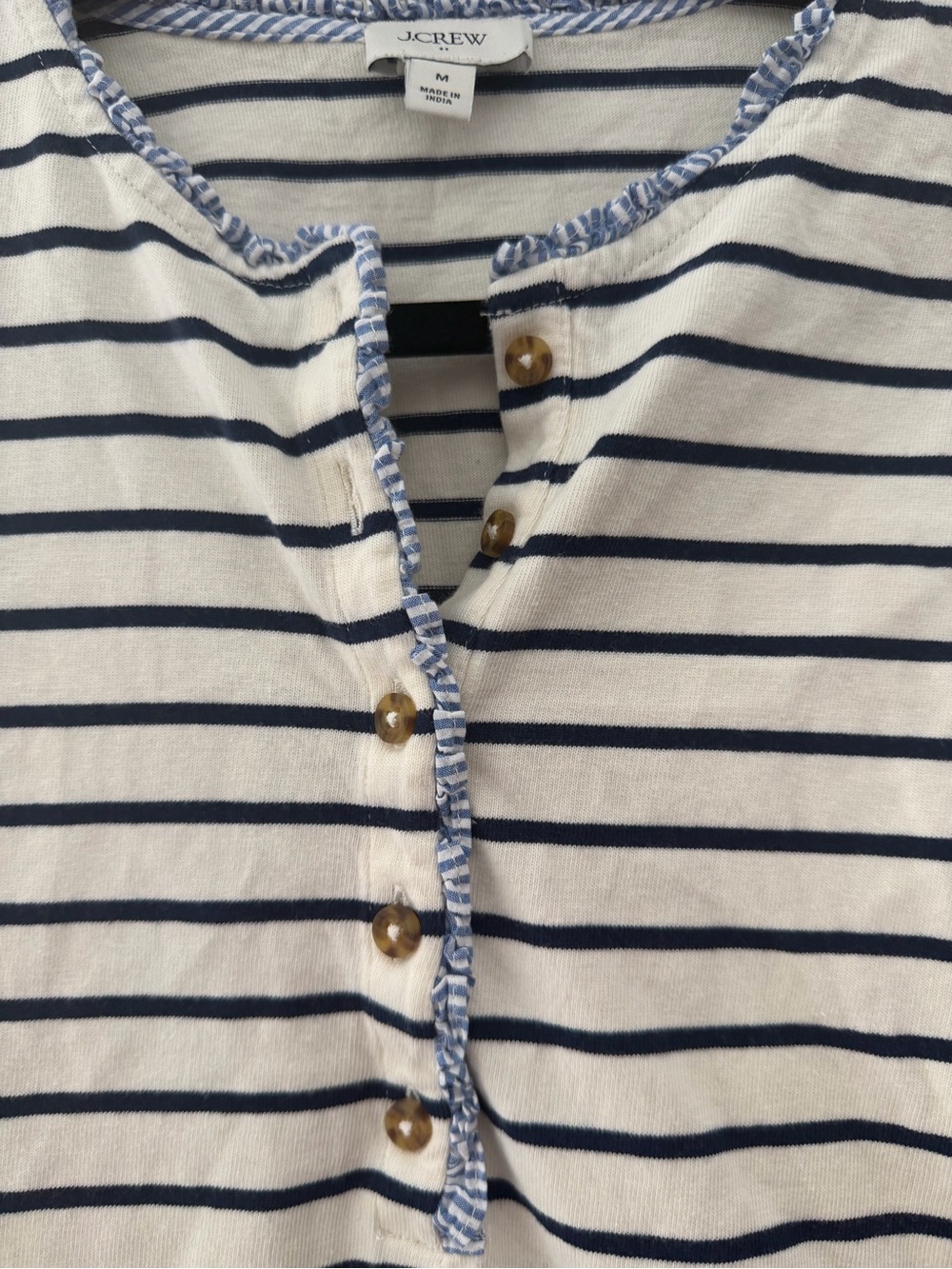 J. Crew Navy & White Striped Long-Sleeve Henley Top Blue Gingham Hem Size M - Picture 6 of 12